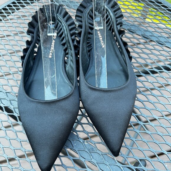 Good American Show Off Slingback Black Satin Ruffle Pointed Toe Flats - Picture 2 of 9